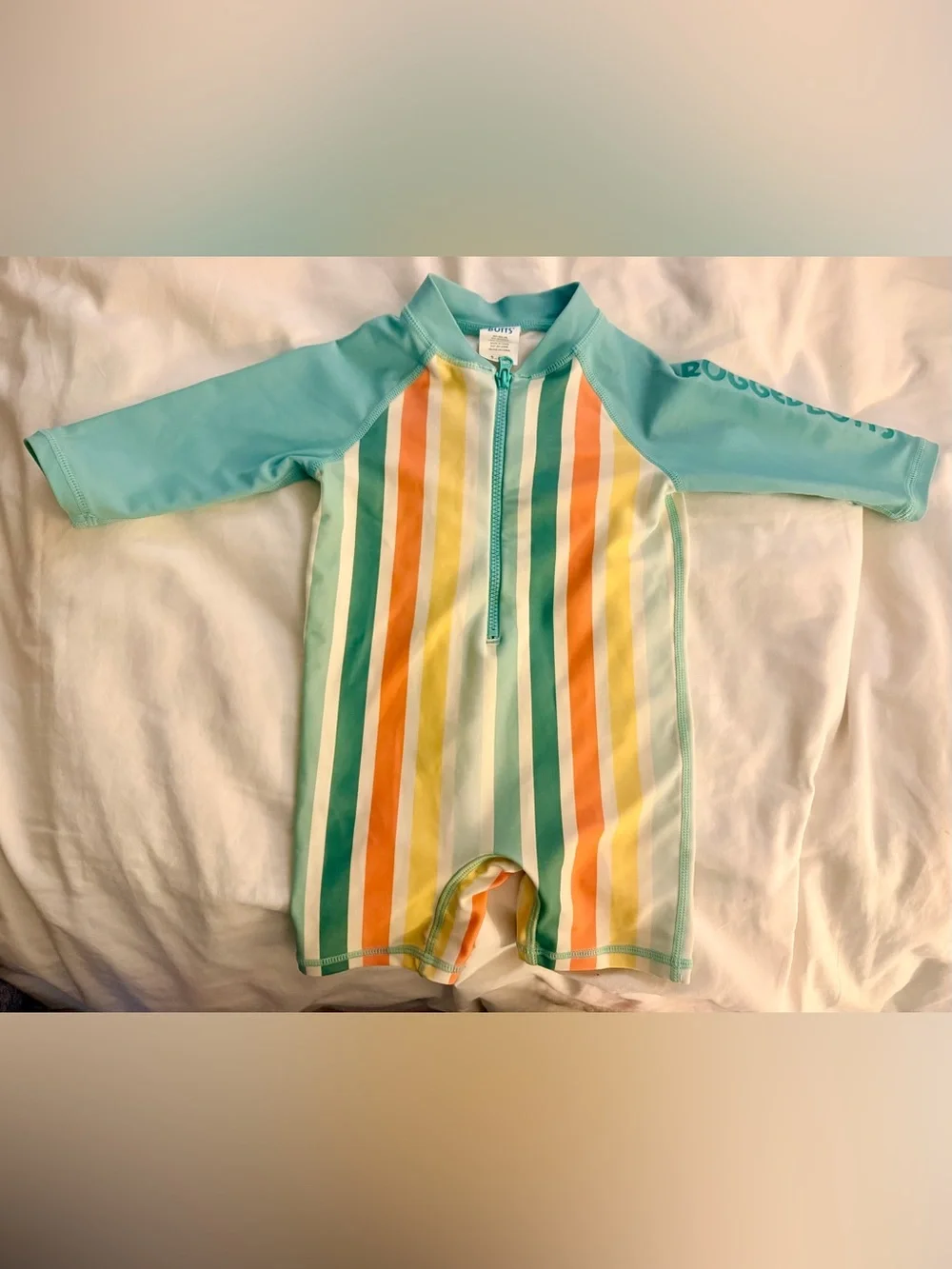 Rugged Butts Kids Front-Zip Rashguard Sunsuit in Aqua with Multi Stripes